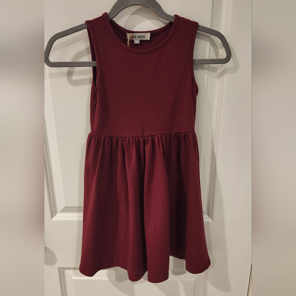 Girls Grace Karin Burgundy Cotton Dress With Optional Black Belt 6-7Y NWT